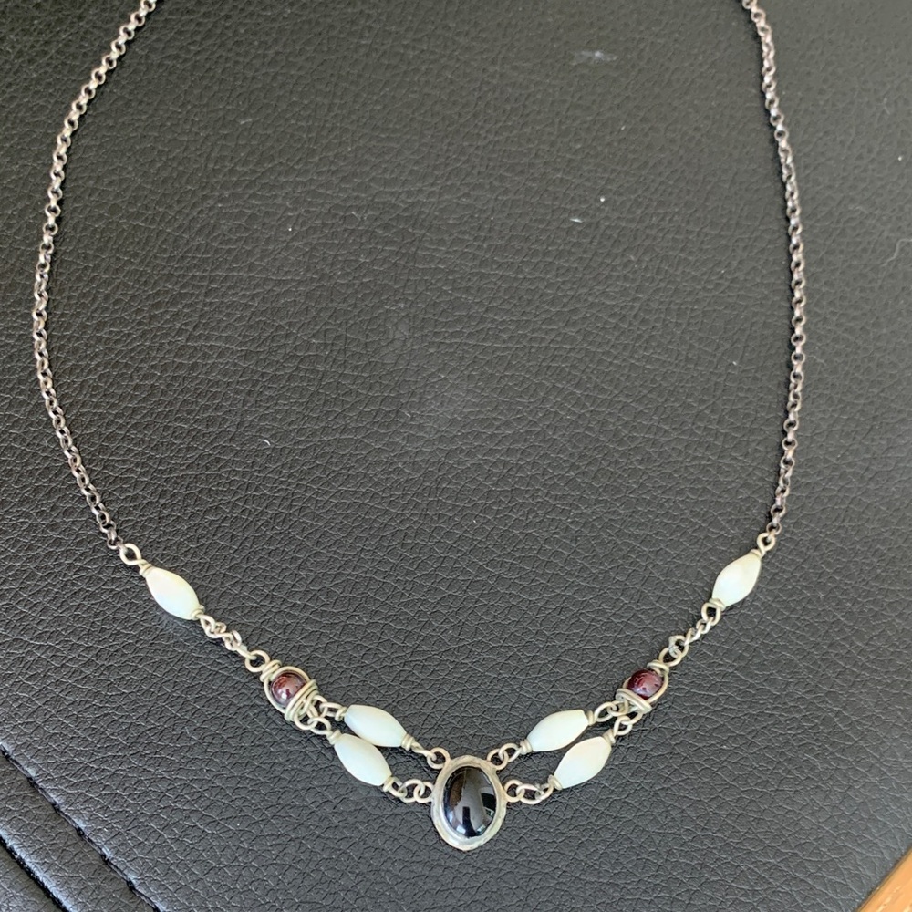 Vintage Silver-tone White and red stone Pendant Necklace with onyx middle stone